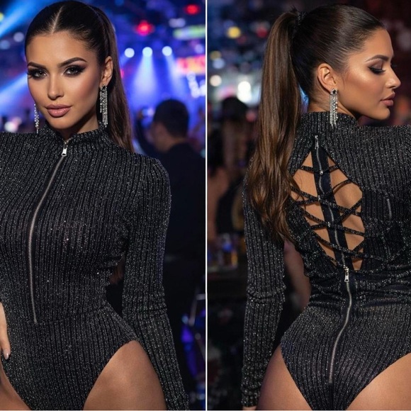 n/a Tops - Shimmering Black Lace-Up Women's Bodysuit